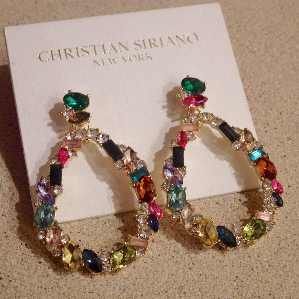 Christian Siriano New York Multi-Colored Crystal Drop Earrings - Missing 1 Jewel - Picture 2 of 6
